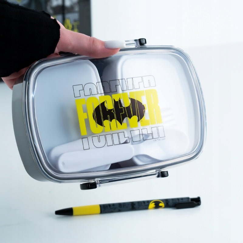 Zamknięty lunchbox Batman trzymany w dłoni, szkolny pojemnik na śniadanie dla dzieci