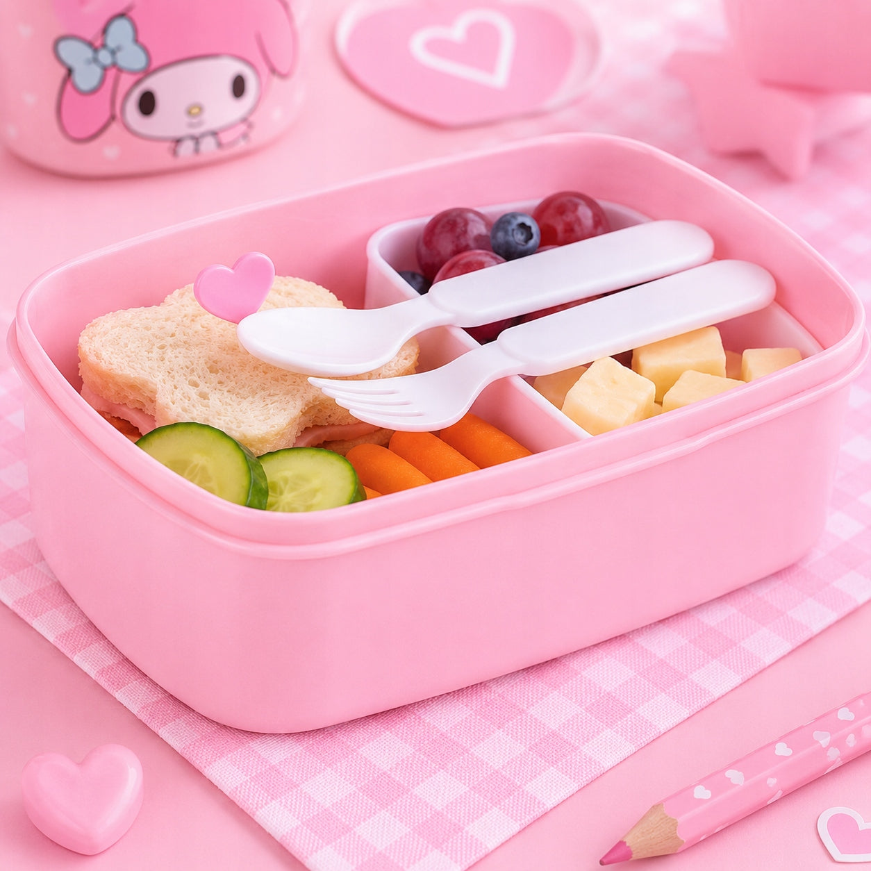 Różowy lunchbox My Melody Kite z owocami i przekąskami dla dziecka.