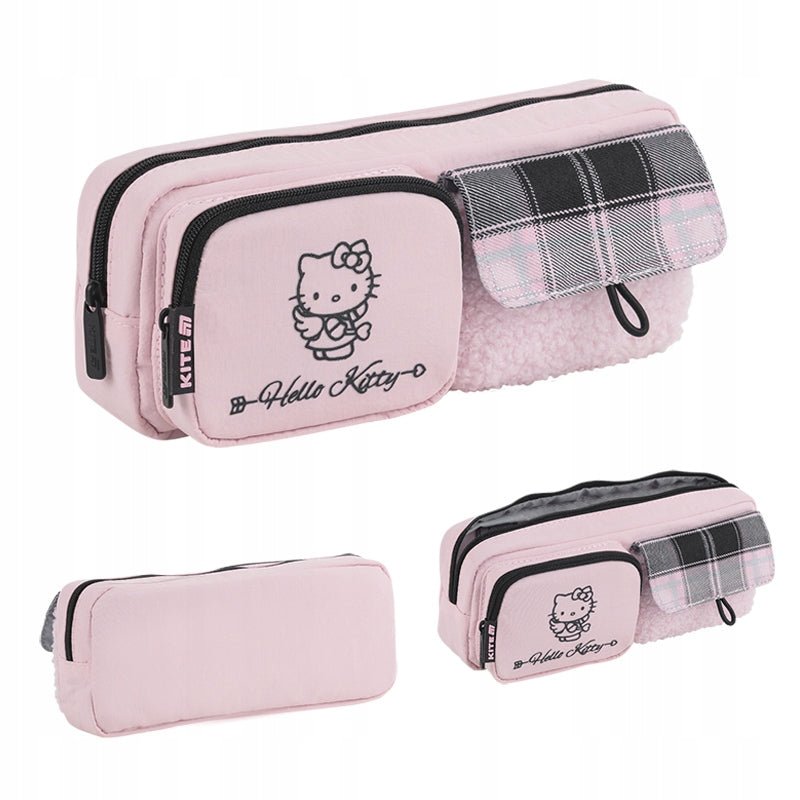 Piórnik saszetka Hello Kitty w pastelowym różu wykonany z puszystego materiału z widocznymi kieszonkami.