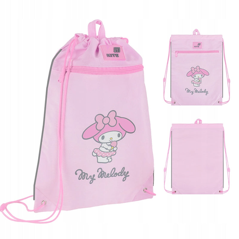 Jasnoróżowy worek gimnastyczny Kite z dużą grafiką My Melody na przedniej stronie.
