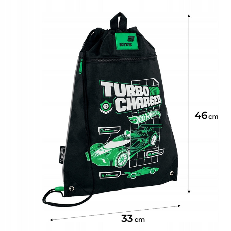 Wymiary worka na buty Kite Hot Wheels przedstawione na zdjęciu z infografiką.