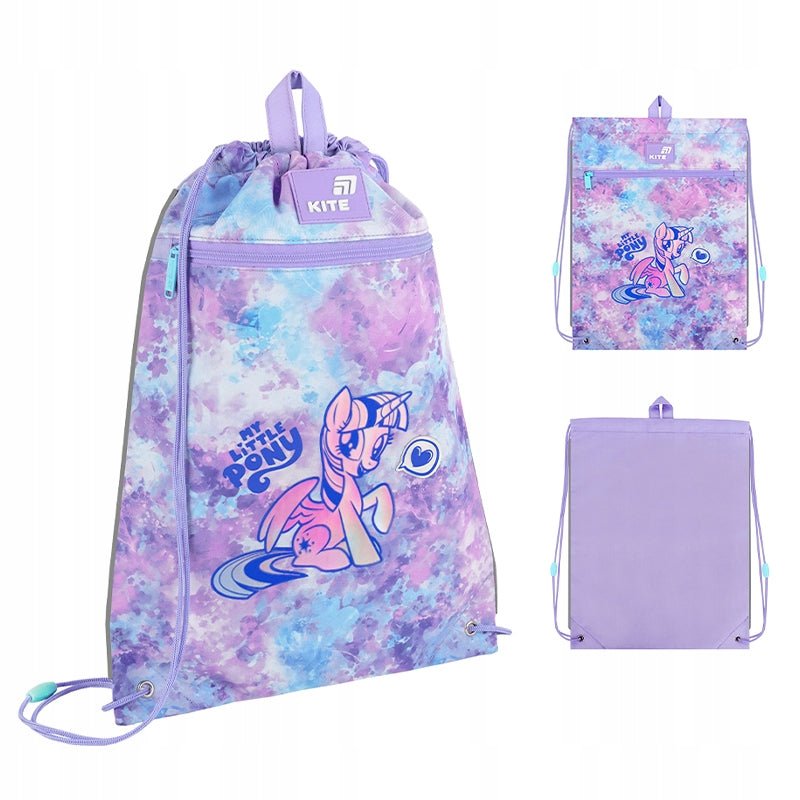 Różowo-fioletowy worek Kite z grafiką kucyka My Little Pony na jasnym tle.