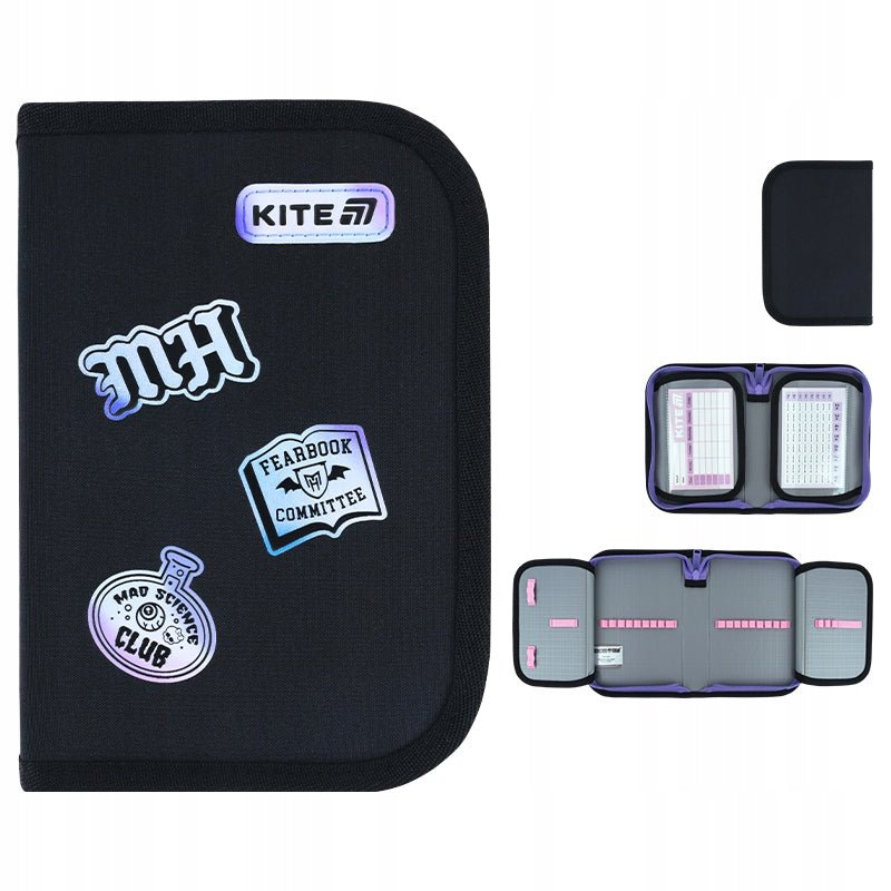Zestawienie ujęć czarnego piórnika Kite Monster High z holograficznymi wzorami z każdej strony.