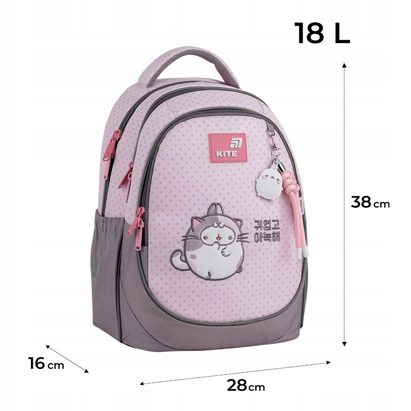 Infografika z wagą 750g, wzrostem 130-145 cm i wymiarami plecaka.