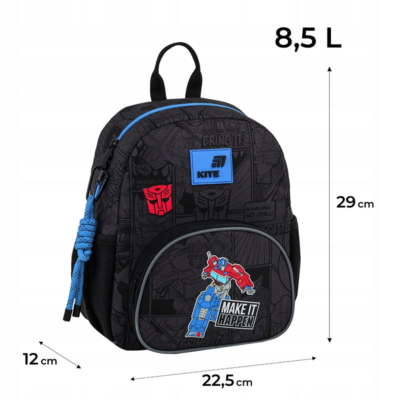 Infografika z wymiarami czarnego plecaka Transformers i opisem technologii.