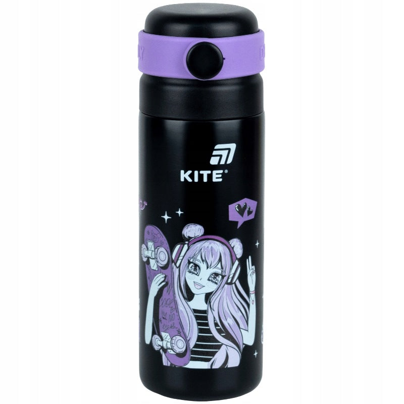 Termoska s výlevkou a hrnčekom pre deti Kite 500 ml so sitkom čierna Anime