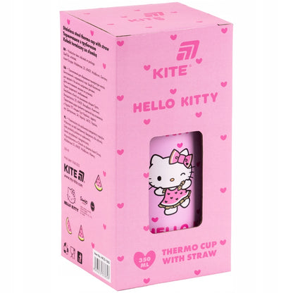 Kubek termiczny ze słomką Hello Kitty w estetycznym opakowaniu wraz z dołączoną szczoteczką.