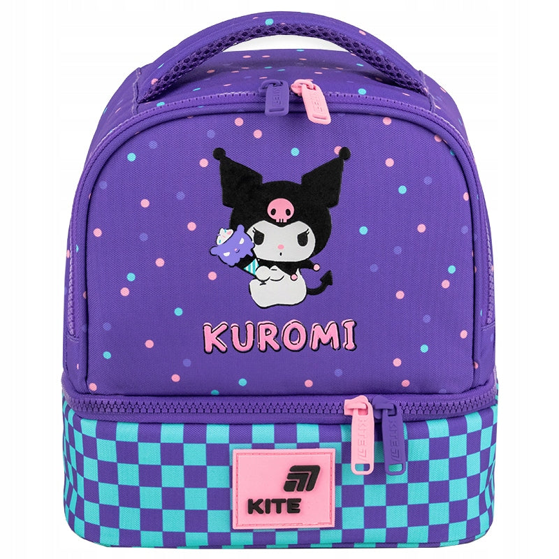 Front torby z wizerunkiem Kuromi na fioletowym tle z nadrukiem 3D.