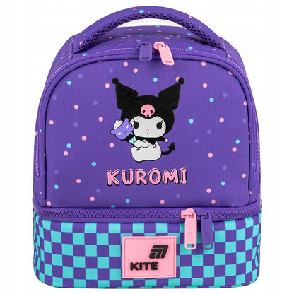 Front torby z wizerunkiem Kuromi na fioletowym tle z nadrukiem 3D.
