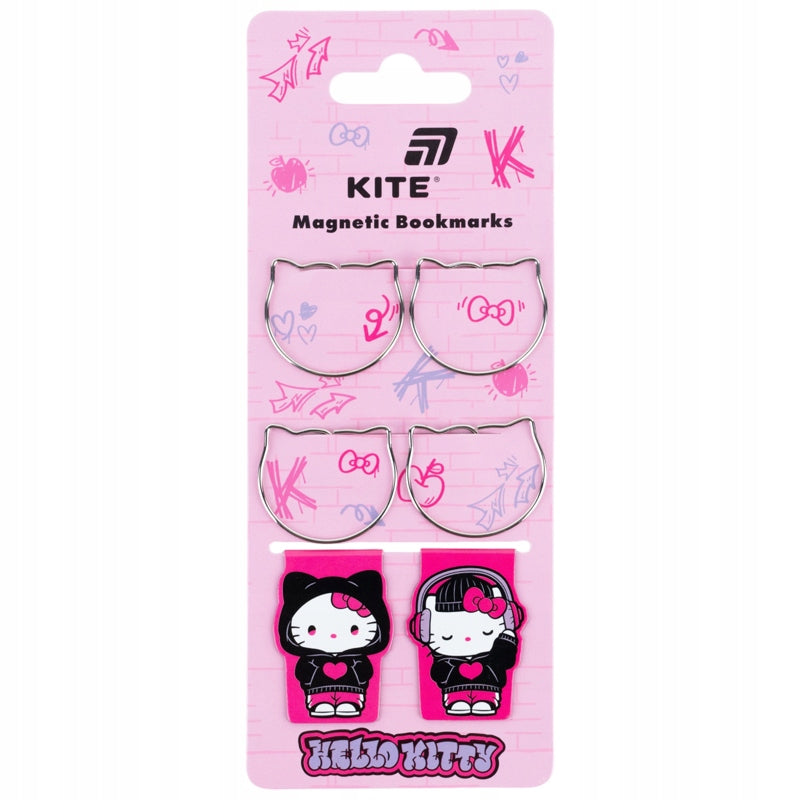 Komplet przyborów szkolnych z zakładkami magnetycznymi i spinaczami Hello Kitty.