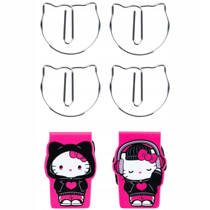 Komplet przyborów szkolnych z zakładkami magnetycznymi i spinaczami Hello Kitty.