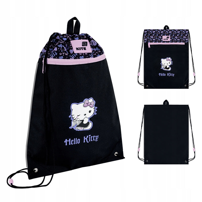 Czarny worek gimnastyczny Kite z dużym nadrukiem Hello Kitty i różowymi elementami.