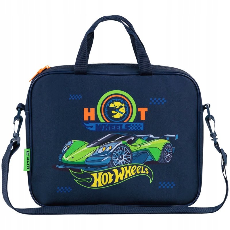 Widok z przodu niebieskiej torby-teczki z grafiką Hot Wheels.