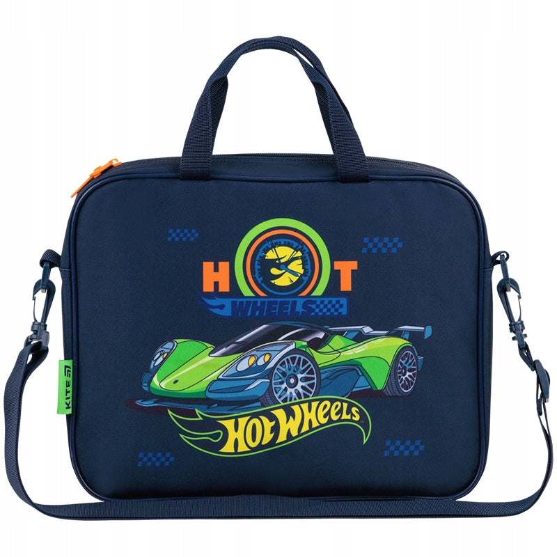 Widok z przodu niebieskiej torby-teczki z grafiką Hot Wheels.