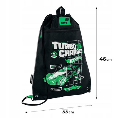 Wymiary worka na buty Kite Hot Wheels przedstawione na zdjęciu z infografiką.