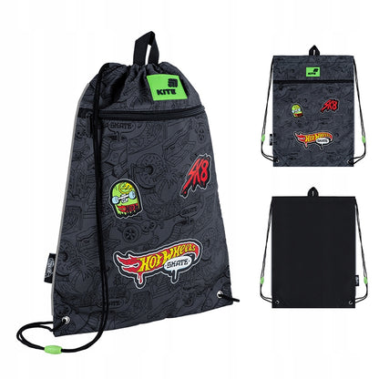 Szary worek na obuwie Kite Hot Wheels z grafiką samochodu wyścigowego – ogólny widok.