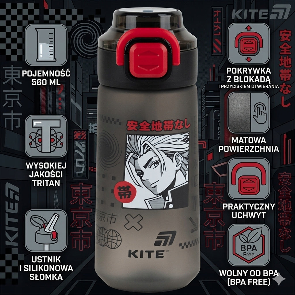 Charakterystyka butelki Kite K26-1213-2: tritan 560 ml, system 2w1, blokada i uchwyt.
