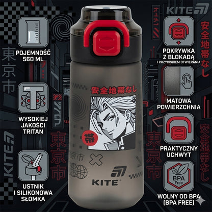 Charakterystyka butelki Kite K26-1213-2: tritan 560 ml, system 2w1, blokada i uchwyt.