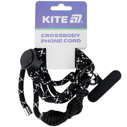 Czarny pasek na szyję do telefonu Kite w opakowaniu z kartonowym nagłówkiem