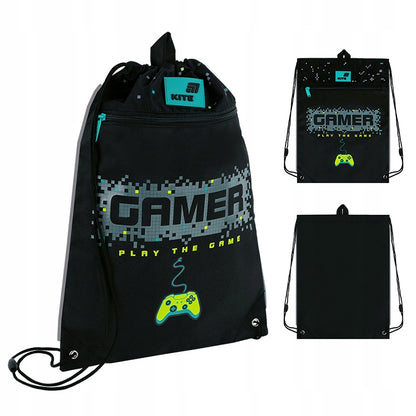 Czarny worek gimnastyczny Kite z motywem Game dla chłopca.