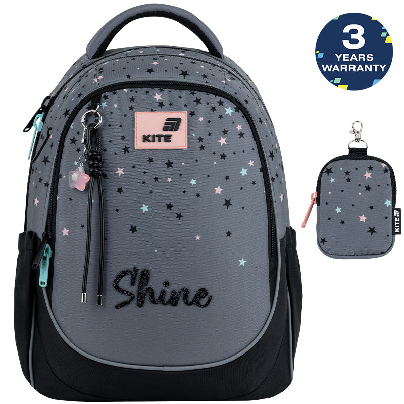 Batoh školský Kite Shine ortopedický ľahký pre dievčatá sivý s peňaženkou do školy