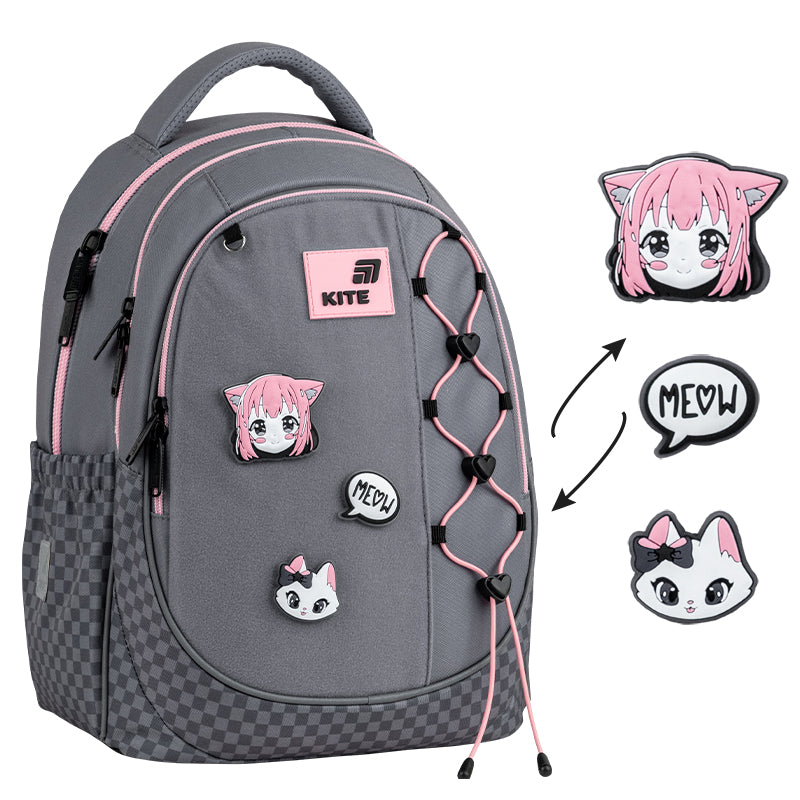 Batoh školský Kite Meow ortopedický ľahký pre dievčatá sivý s nášivkami
