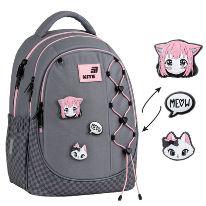 Batoh školský Kite Meow ortopedický ľahký pre dievčatá sivý s nášivkami