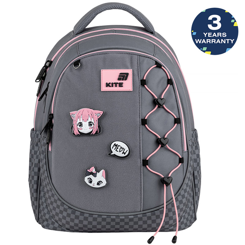 Batoh školský Kite Meow ortopedický ľahký pre dievčatá sivý s nášivkami