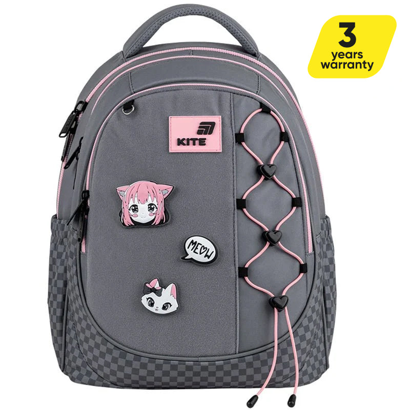 Batoh školský Kite Meow ortopedický ľahký pre dievčatá sivý s nášivkami