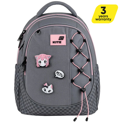 Batoh školský Kite Meow ortopedický ľahký pre dievčatá sivý s nášivkami