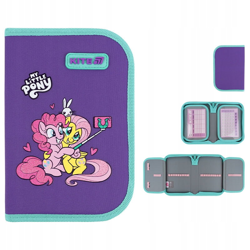 Zestawienie ujęć fioletowego piórnika Kite My Little Pony z każdej strony z efektem 3D.