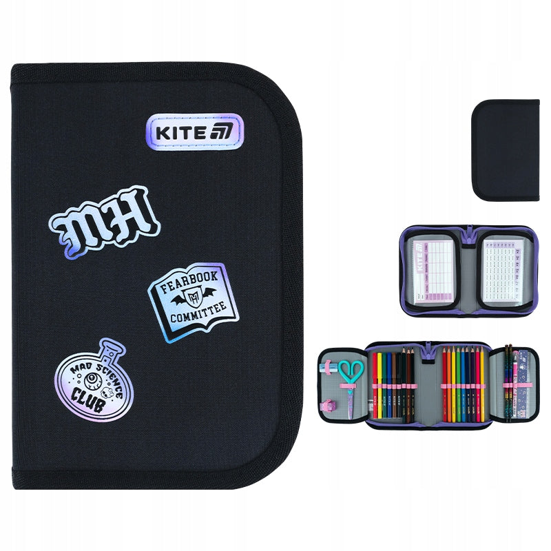 Zestawienie ujęć czarnego piórnika Kite Monster High z każdej strony pokazujące holograficzne detale.