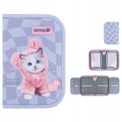 Zestawienie ujęć szarego piórnika Kite Studio Pets z każdej strony z efektem 3D.