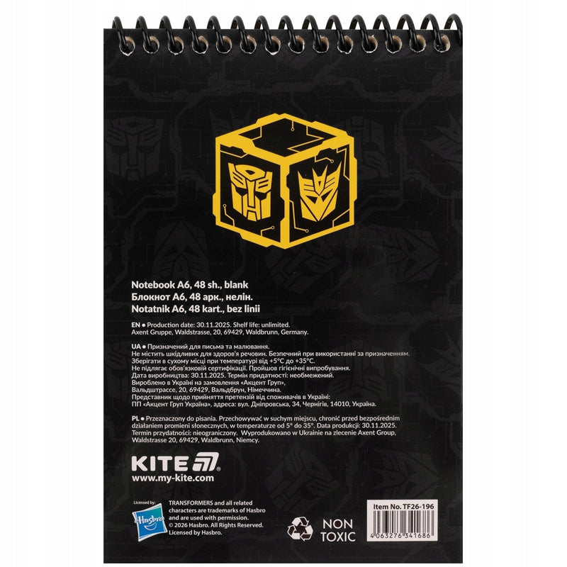 Notes Transformers Kite – widok na tył okładki z plastikową spiralą.