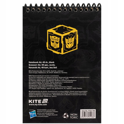 Notes Transformers Kite – widok na tył okładki z plastikową spiralą.