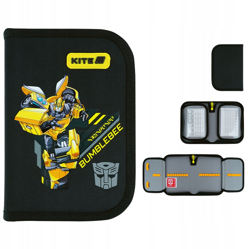 Zestawienie ujęć czarnego piórnika Kite Transformers z każdej strony z efektem 3D.